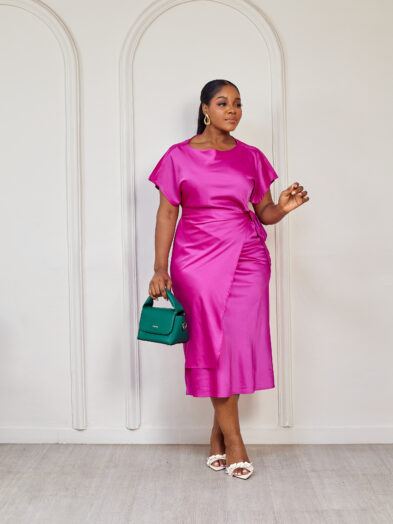 (2FOR55K)LULU MAGENTA SILK ILLUSION WRAP MIDI DRESS