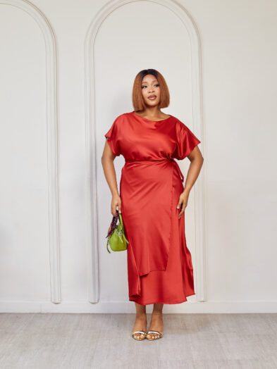 (2FOR55K)LULU RUST SILK ILLUSION WRAP MIDI DRESS