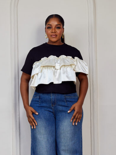(2FOR45K)BLACK WITH IVORY FRILL TEE