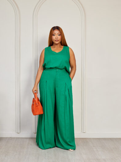 MATILDA GREEN LINEN SLEEVELESS TOP PANT SUIT SET