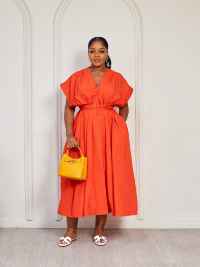 (2FOR90K)ZR ORANGE MULTI PLEAT SEAM UNUSUAL BELT SKATER DRESS