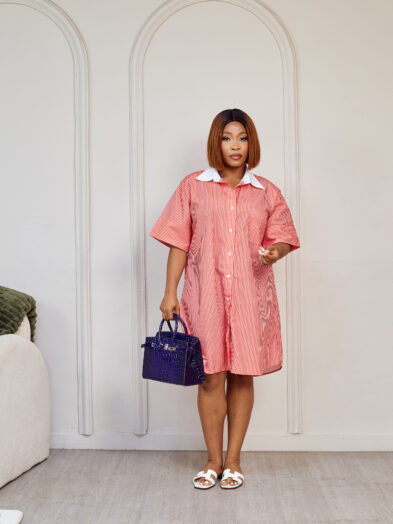 (2FOR50K)RED STRIPE WHITE COLLAR BOX SHIRT DRESS