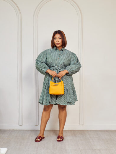 (2FOR80K)MATI 29051 GREEN STRIPE WOVEN BELT SHIRT DRESS