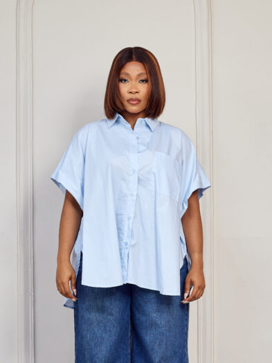 (2FOR45K)BLUE ONE POCKET RUCHED CAPSLEEVE DEEPHEM SHIRT