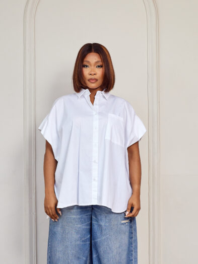 (2FOR45K)WHITE ONE POCKET RUCHED CAPSLEEVE DEEPHEM SHIRT