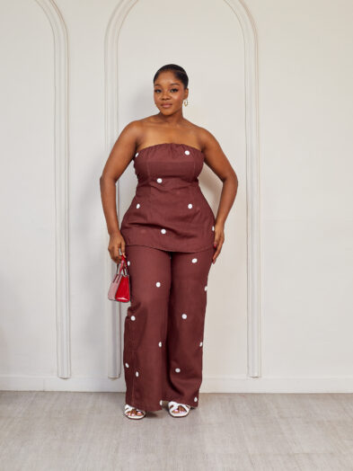 (2FOR75K)COFFEE POLKADOT LINEN STRAPLESS PANT SUIT SET