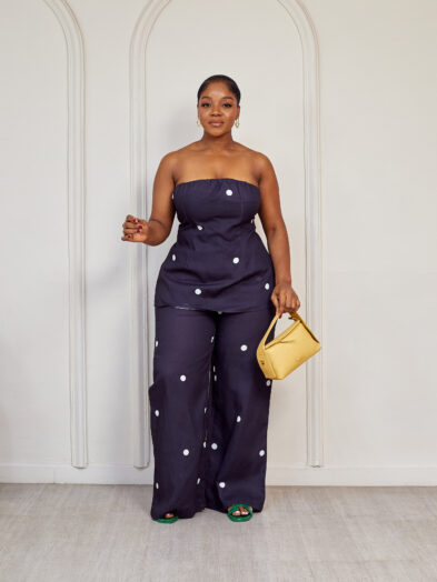(2FOR75K)BLACK POLKADOT LINEN STRAPLESS PANT SUIT SET